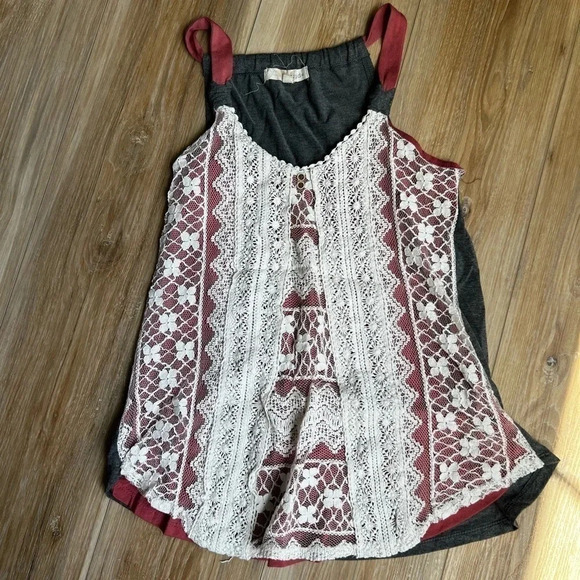 Rewind Tops - REWIND : Maroon w/ White Crochet Lace Overlay Gray Back Sleeveless Tank
